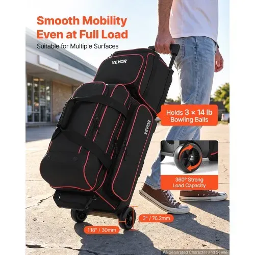 VEVOR 1 Bowlingtasche mit Rollen + 1 Bowlingtasche (Mini) für 2+1 Kugeln 600D Oxford Rot Schwarz, für Schuhe bis US-Größe 16 und Zubehör, mit Teleskopgriff (bis zu 1016 mm) und Doppellagigen Ablagen – Bild 2
