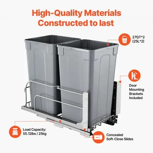 VEVOR ausziehbarer Mülleimer (27 Qt x 2), doppelter Unterbau-Küchenabfallbehälter, Mülleimer mit Türsatz & Soft-Close-Schieberegler, für Küchenschrank Spüle unter der Theke (grau) – Bild 2