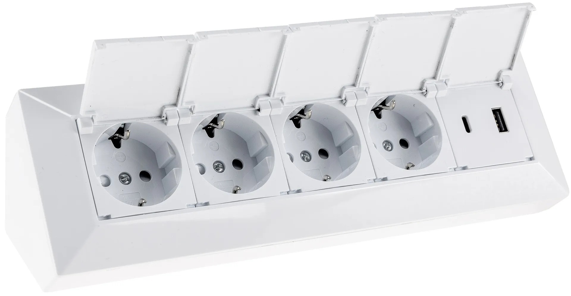 4-fach Steckdosenblock, USB-A+C, weiß 250V~/ 16A, USB 3,1A, PD, mit Klappen 4-fach Steckdosenblock, USB-A+C, weiß 250V~/ 16A, USB 3,1A, PD, mit Klappen