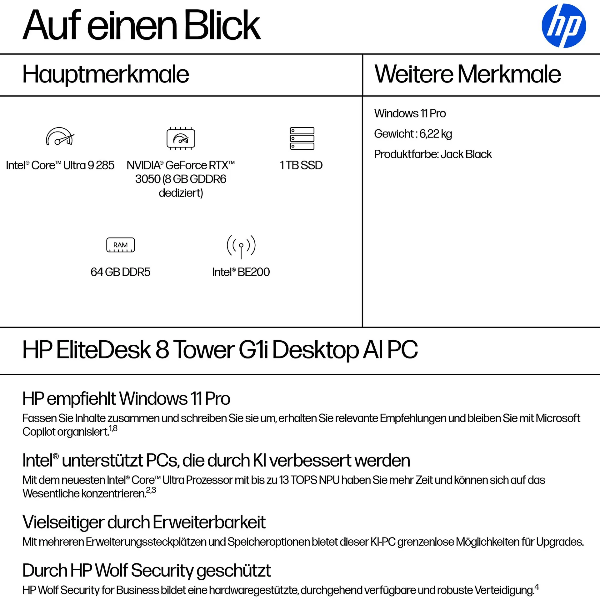 HP EliteDesk 8 Tower G1i AI Intel Core Ultra 9 285 64 GB DDR5-SDRAM 1 TB SSD NVIDIA GeForce RTX 3050 Windows 11 Pro PC AI PC Schwarz – Bild 3
