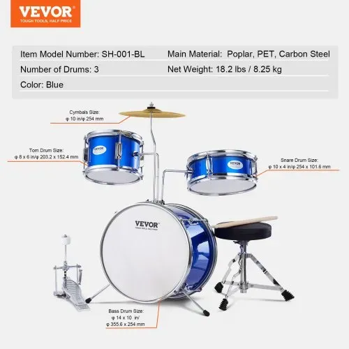 VEVOR Schlagzeugset, 3-teilig, Drum Set mit verstellbarem Thron-Becken-Pedal, zwei Paar Drumsticks, ca. 20 cm Tom Drum, 25 cm Snare Drum, 36 cm Bass Drum, Starter-Schlagzeugset für Kinder, blau – Bild 6
