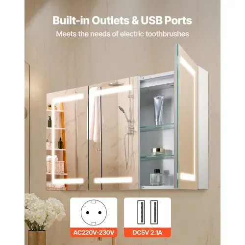 VEVOR beleuchteter Medizinschrank mit Spiegel (100 x 60 cm), 3-farbig dimmbarer LED-Badezimmerschrank mit Spiegel aus gehärtetem Glas, Memory-Funktion/2 verstellbare Regale/Steckdosen und USBs – Bild 6