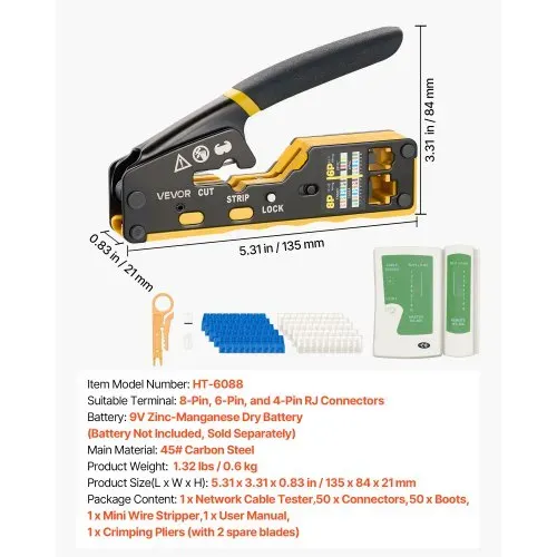 VEVOR Netzwerk Werkzeug Set, RJ45/RJ11/RJ12 Ethernet-Crimpzange-Set für 4/6/8-Polige Modularstecker, mit Mini-Abisolierzange, 50 Steckern & 50 Tüllen, Ersatzklingen & Netzwerkkabeltester – Bild 6