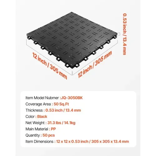 VEVOR Garagen-Bodenbeschläge, 305 x 305 x 13,4 mm, 50er-Set Industrieboden, rutschfeste doppelseitige Struktur-Garagenboden, für Garagen, Keller, Reparaturwerkstätten, Schwarz – Bild 6