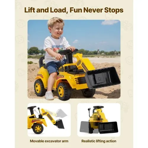 VEVOR Sitzbagger, Kinderbagger, Bagger-Bulldozer-Spielzeug mit Kippschutz und Stauraum unter dem Sitz, Aufsitzbagger 25 kg Tragkraft, Lauflernhilfe für Kleinkinder von 19 bis 36 Monaten, Gelb – Bild 2