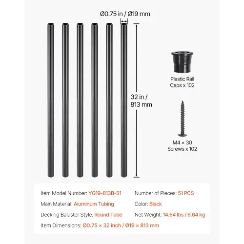 VEVOR Geländerstab, 51er-Set, φ19x813 mm Aluminium-Treppenbaluster, Zierstab, runder Stab, Hohldeckgeländer mit Geländerkappen und Schrauben für Treppen, Veranda, Terrasse, Mattschwarz – Bild 6