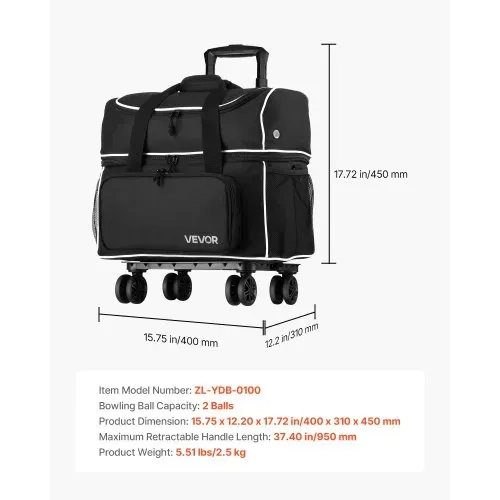 VEVOR Bowlingballtasche für 2 Bälle mit vier Rollen & separatem Fach für Schuhe (bis US-Größe 16) & übergroßer Zubehörtasche, einziehbarer Griff lässt sich auf 95 cm ausziehen Schwarz – Bild 6