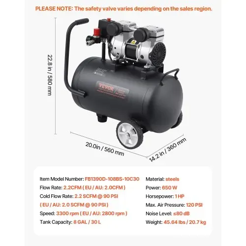 VEVOR-Luftkompressor, 8-Gallonen-Stahltank, 1 PS, 2,2 CFM bei 90 PSI, ölfreier Luftkompressor und max. 120 PSI Druck, 80 dB ultraleiser tragbarer Kompressor, für Autoreparatur, Reifenbefüllung, Spritzlackierung – Bild 6