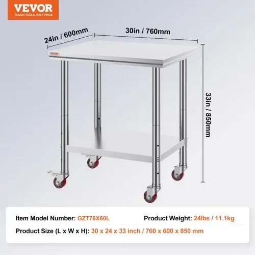 VEVOR Arbeitstisch 76 x 60 x 85 cm Edelstahl Catering Arbeitstisch Belastbarkeit 317 kg, Lebensmittel Zubereitungstisch mit Nachlauf gewerblicher Küchentisch für Küche Bar rollbar – Bild 6