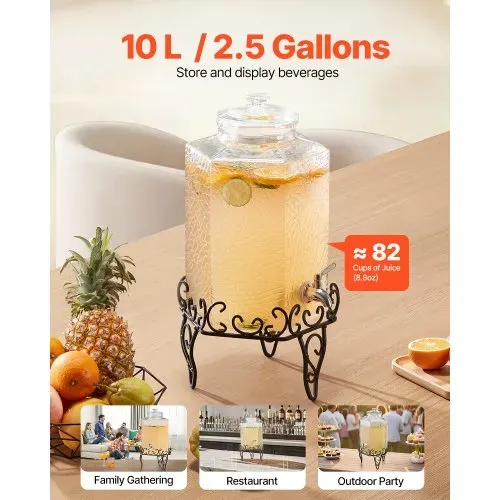 VEVOR Getränkespender (1 x 10 L) für Partys Saftspender (aus Glas) mit tropfsicherem Zapfhahn & Metallständer Wasserspender für Restaurants Partys, Limonade Eistee selbstgemachte Getränke Spender VEVOR Getränkespender (1 x 10 L) für Partys Saftspender (aus Glas) mit tropfsicherem Zapfhahn & Metallständer Wasserspender für Restaurants Partys, Limonade Eistee selbstgemachte Getränke Spender