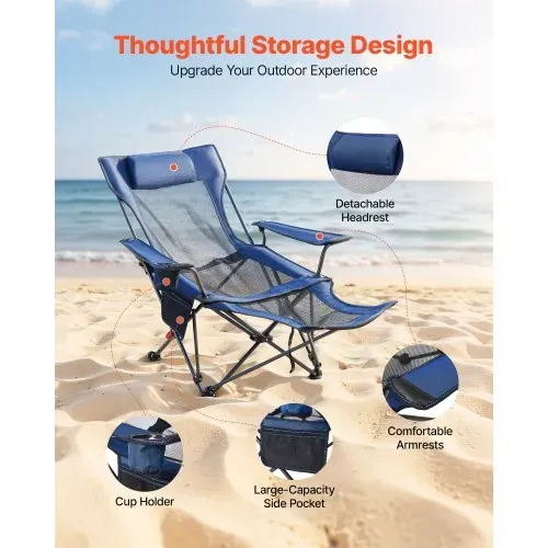 VEVOR Campingstuhl faltbar, Liegestuhl mit 4 verstellbaren Positionen, Relaxsessel Liege mit Getränkehalter, Netz-Strandstuhl mit Kopfstütze und Fußstütze, trägt 100 kg , für Outdoor Camping, blau – Bild 4