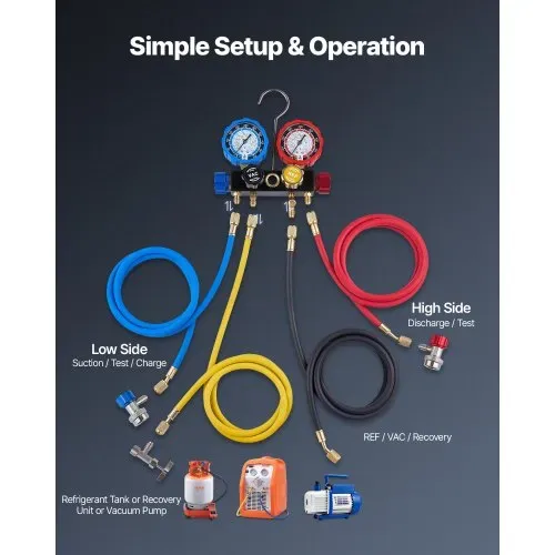 VEVOR AC Klimaanlagen-Manometer-Set für R134a/R404A/R1234yf/R22 Kältemittel, 4-Wege-Manometer mit 1,5-m-Schläuchen & Adaptern & Schnellkupplungen & Dosenanschlüssen Geeignet für Kfz-Klimaanlagen – Bild 5