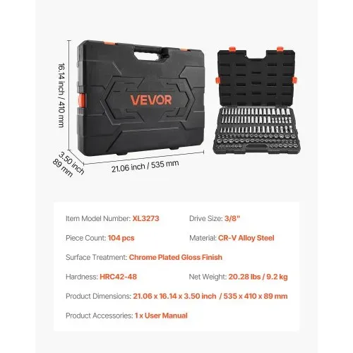 VEVOR Steckschlüsselsatz 104-tlg. 9,5-mm-Antrieb, metrische Größe von 6 bis 24 mm, tief und Standard, Mechaniker-Werkzeugsatz mit Aufbewahrungskoffer, verchromter CR-V-Legierungsstahl – Bild 6