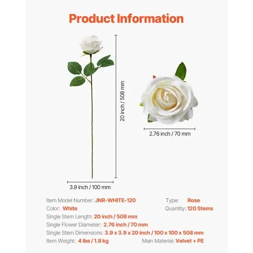 VEVOR Künstliche Blumen Rosen, 120 Stück Kunstblumen, Weiße Gefälschte Rose mit Stielen, Schaumrosen für DIY Hochzeit Blumensträuße Braut Valentinstag Muttertag Zuhause Dekoration – Bild 6