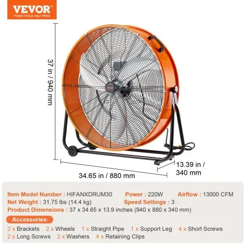 VEVOR Trommelventilator, 30 Zoll Industrie-Ladenventilator, Bodenventilator mit 3 Gänge, Trommelgebläse 13000 CFM, Standventilator 360° verstellbarer, Windmaschine für Lager, Werkstatt, Fabrik, Keller – Bild 6