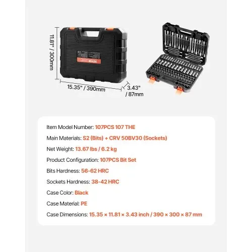 VEVOR Bohrer-Steckschlüsselsatz, 107-tlg. Sechskant/Torx/Außen-Torx/manipulationssicher/extra lang, S2-Legierungsstahl und Cr-V-Stahl, 1/4, 3/8 und 1/2 Zoll Antrieb, mit Aufbewahrungskoffer – Bild 6