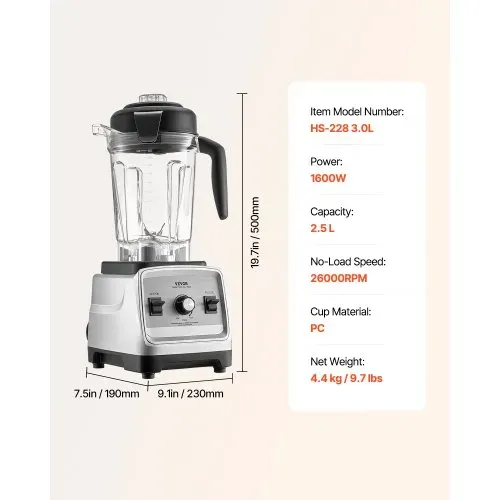 VEVOR Standmixer Smoothie Maker Blender 1600 W 2,5 L professioneller Mixer mit leistungsstarkem Motor, multifunktionaler Mixer zur Lebensmittelverarbeitung für Smoothies / Milchshakes / Säfte – Bild 6