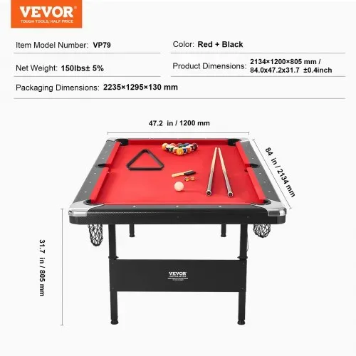 VEVOR Billardtisch, 2,13 m Pooltisch, Zusammenklappbarer Platzsparender Tisch, Billardtisch-Set inkl. Bällen, Queues, Kreide, Schwarz, Perfekt für Familienspielzimmer für Kinder und Erwachsene – Bild 6