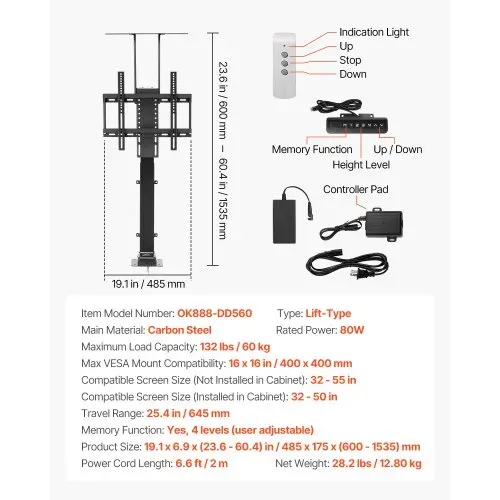 VEVOR Motorisierter TV-Liftständer verstellbare Halterung für TV-Liftständer (60 kg belastbar), vertikale elektrische TV-Halterung mit Fernbedienung, für 813-1397 mm (nicht im Schrank) – Bild 6