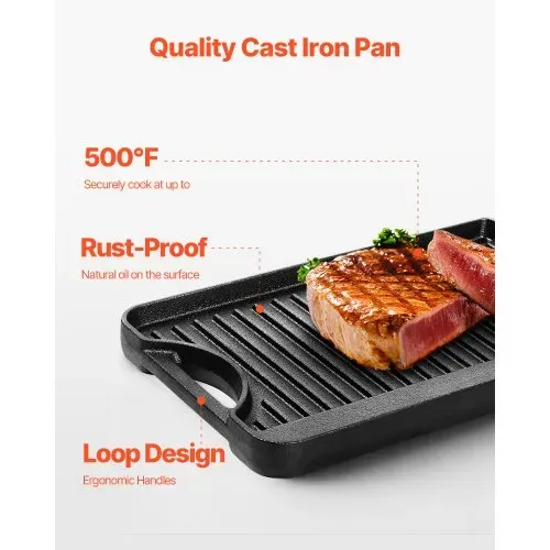 VEVOR wendbarer Grillplatte Bratpfanne Griddle aus Gusseisen (185 x 342 mm), tragbare rechteckige BBQ Pfanne mit Griff, Familienkochgeschirr für Herdplatten drinnen/draußen Grill, schwarz – Bild 3
