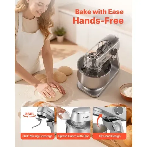 VEVOR Knetmaschine Küchenmaschine zum Backen, 1800 W Teigmaschine mit Edelstahlschüsseln (7,4 L) & Knethaken & Rührbesen & Schneebesen, 10-Gang einstellbare kippbare Rührmaschine Standmixer – Bild 5