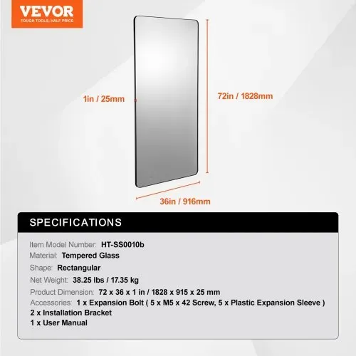 VEVOR Wandspiegel Schminkspiegel Badezimmerspiegel 1828 x 915 x 25 mm schwarzer Rahmen aus Aluminiumlegierung Spiegel mit Z-förmiger Halterung passend für Badezimmer Schlafzimmer Wohnzimmer – Bild 6