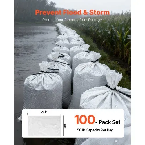 VEVOR Sandsäcke für Hochwasser, 100er-Pack, 400x660 mm, Gewebesäcke mit Bändern, 22,6 kg Tragkraft, Polypropylen-Hochwasssersandsäcke, reißfest & UV-beständig, für Hochwasserschutzbarrieren – Bild 2