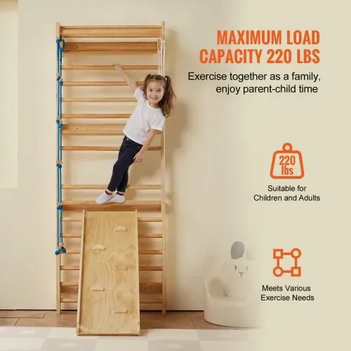 VEVOR Schwedische Leiterwand 15-stufiges Kletterspielzeug aus Holz für Indoor-Spielplätze, 100 kg Tragkraft, Schwedische Wandleiter für Kinder & Erwachsene, Sprossenwand Turnwand aus Kiefernholz – Bild 4