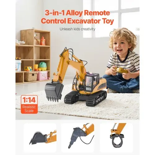 VEVOR Ferngesteuerter Bagger Spielzeug, 15 Kanäle, 3-in-1-Ferngesteuerter Bagger mit Metallschaufel, RC-Bagger im Maßstab 1:14 mit Licht & Ton, funktionsfähige Baufahrzeuge für Kinder, 2 Batterien VEVOR Ferngesteuerter Bagger Spielzeug, 15 Kanäle, 3-in-1-Ferngesteuerter Bagger mit Metallschaufel, RC-Bagger im Maßstab 1:14 mit Licht & Ton, funktionsfähige Baufahrzeuge für Kinder, 2 Batterien