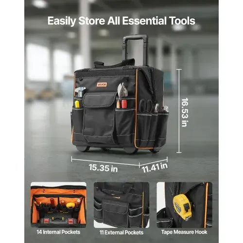 VEVOR Werkzeugtasche mit Rollen, 50 kg Tragkraft, 25 Taschen, Arbeitsrucksack, verstellbarer Teleskopgriff & stabiler Standfuß, Werkzeugtaschen-Organizer für Bau, Mechanik, 390x290x420 mm VEVOR Werkzeugtasche mit Rollen, 50 kg Tragkraft, 25 Taschen, Arbeitsrucksack, verstellbarer Teleskopgriff & stabiler Standfuß, Werkzeugtaschen-Organizer für Bau, Mechanik, 390x290x420 mm