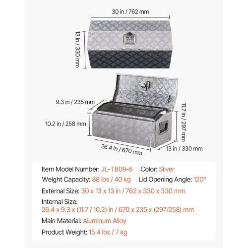 VEVOR Werkzeugkasten aus Aluminium für die Ladefläche, gestreifte Werkzeugkiste (762 x 330,2 x 330,2 mm) mit seitlichem Griff & T-Lock-Schlüssel, Aufbewahrungs-Organizer für Anhänger Silber – Bild 6