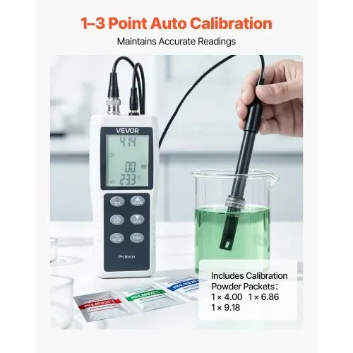 VEVOR pH-Meter, Messbereich 0–14, Wasserdichte Sonde (IP68), 3-Punkt-Automatikkalibrierung, Tragbares Tester-Set mit Kalibrierpulver, Temperatursonde & Tragetasche, für Trinkwasser & Hydrokultur – Bild 2