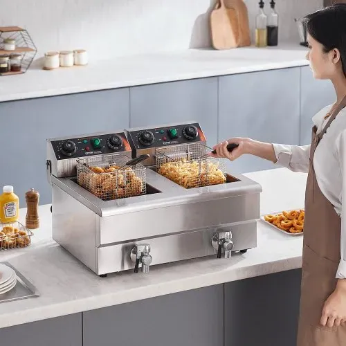 VEVOR kommerzielle Fritteuse, elektrische 3 kW Tischfritteuse mit Doppeltank & Korb, 2 x 11 L Doppel-Ölfritteuse aus Edelstahl, Zeit- und Temperaturregelung, für Küche Restaurants – Bild 7