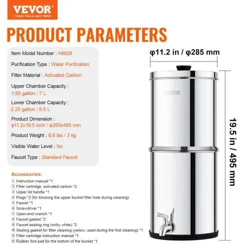 VEVOR Schwerkraft Wasserfiltersystem Edelstahl Arbeitsplattensystem 7 L + 8,5 L Wasserfiltrationssystem, reduziert Blei und bis zu 99 % Chlor, mit 2 Kohlefiltern & Zapfhahn, Camping Wohnmobil Zuhause – Bild 6