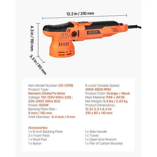 VEVOR Poliermaschine Auto, 150 mm Rotierender Autopolierer mit 6 Geschwindigkeiten 2000-6800 U/min 9mm Exzenter, 650W Schleifmaschinen mit Polierpad, Poliergerät für Wachsen Polieren Kratzerentfernung – Bild 6