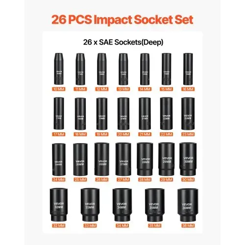 VEVOR Schlagschrauber Nüsse Set, 1/2 Zoll 26-tlg., Sechskant-Steckschlüssel, Metrisch 10–30 mm, 32–36 mm, Schlagnuss-Set mit Koffer, aus Chrom-Vanadium-Legierungsstahl, für Fahrzeugreparaturen – Bild 2