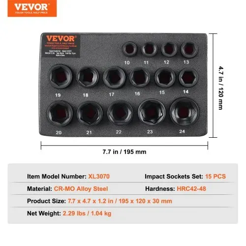 VEVOR Schlagsteckschlüsselsatz 9,5 mm Antrieb, 15-teiliger Steckschlüsselsatz metrisch 10–24 mm, Cr-Mo-Legierungsstahl für Autoreparatur, leicht lesbare Größenmarkierungen robuste Konstruktion – Bild 6