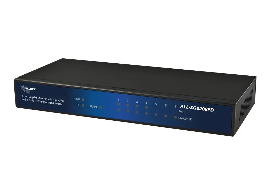 ALLNET Switch unmanaged 8 Port Gigabit 60W / 4x PoE / 3x LAN / 1x PoE+ In / „ALL-SG8208PD“ ALLNET Switch unmanaged 8 Port Gigabit 60W / 4x PoE / 3x LAN / 1x PoE+ In / „ALL-SG8208PD“