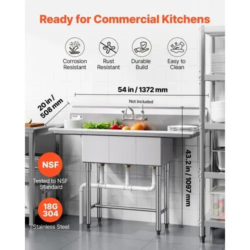 VEVOR Spülbecken mit 3 Becken & 2 Abtropfflächen & Spritzschutz, Küchenspüle (1372 x 508 x 1097 mm), Küchenspüle für Restaurants Imbisswagen Privaten Gebrauch, Edelstahlspüle Silber VEVOR Spülbecken mit 3 Becken & 2 Abtropfflächen & Spritzschutz, Küchenspüle (1372 x 508 x 1097 mm), Küchenspüle für Restaurants Imbisswagen Privaten Gebrauch, Edelstahlspüle Silber
