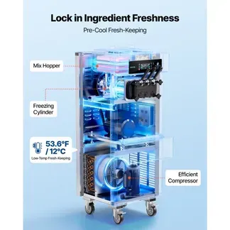 VEVOR Freistehende Softeismaschine 20-28 L/h, Speiseeisbereiter 2200 W, Gewerbliche Eiscrememaschine mit 3 Aromen & 2 x 6-Liter-Behältern & Vorkühlung & Warnfunktion bei Niedrigem Mischungsstand VEVOR Freistehende Softeismaschine 20-28 L/h, Speiseeisbereiter 2200 W, Gewerbliche Eiscrememaschine mit 3 Aromen & 2 x 6-Liter-Behältern & Vorkühlung & Warnfunktion bei Niedrigem Mischungsstand