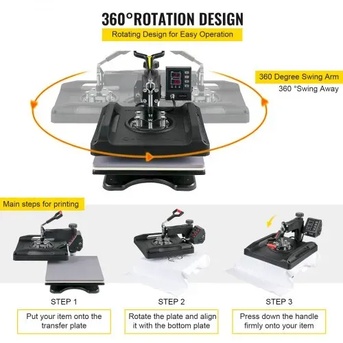 VEVOR 1200 W Hitzepresse 8 in 1 T-Shirtpresse 38 x 38 cm Schwarz Transferpresse Heißpresse T-Shirt zum Aufbringen von Buchstaben Zahlen und Mustern – Bild 4