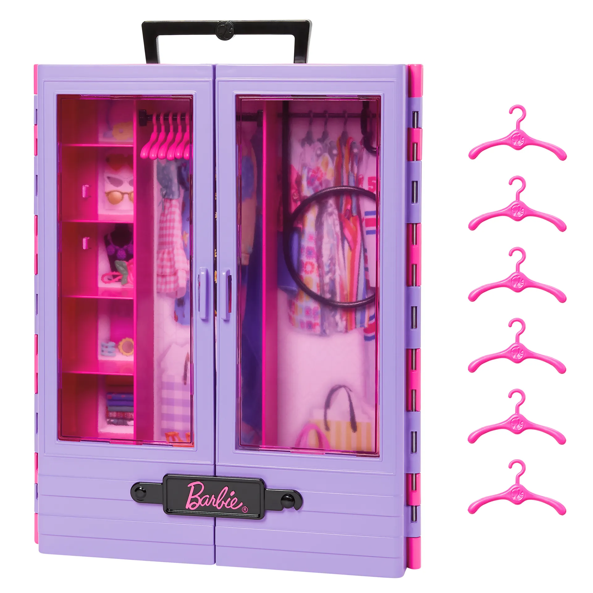 Barbie Fashionistas Kleiderschrank mit Tragegriff (lila/rosa) ausklappbar mit Zubehör – Bild 2