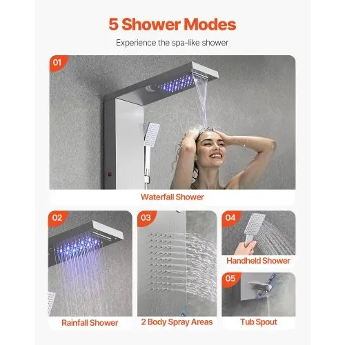 VEVOR Duschpaneel-Turmsystem (5 Modi) mit Regenwasserfall-Duschkopf & LED, (1345 mm) Duschsäule aus gebürstetem Edelstahl, Regenmassagesystem zur Wandmontage, mit Handbrause & Wannenauslauf – Bild 2