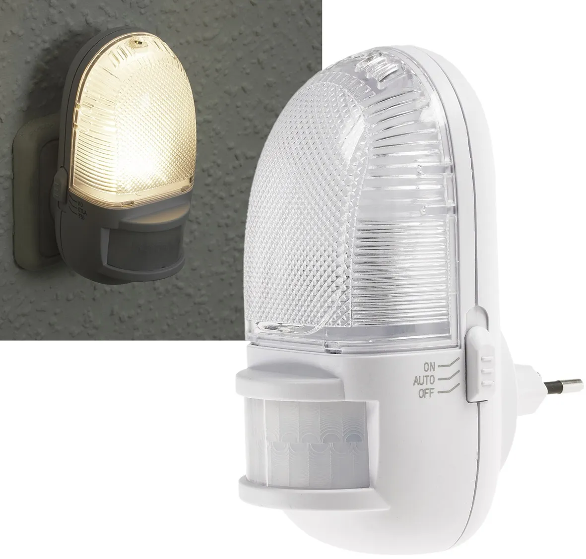 LED Nachtlicht mit Bewegungsmelder 230V, 3 weiße LEDs, On/Off/Auto LED Nachtlicht mit Bewegungsmelder 230V, 3 weiße LEDs, On/Off/Auto