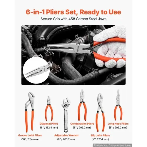 VEVOR Zangen- und Schraubenschlüssel-Set, 6-teiliges Universal-Set, polierte Backen aus Kohlenstoffstahl, Handwerkzeuge für Heimwerker und Haushalt, Nut- und Steckzange, Spitzzange, Kombinationszange, Seitenschneider, Schraubenschlüssel, ergonomische Griffe VEVOR Zangen- und Schraubenschlüssel-Set, 6-teiliges Universal-Set, polierte Backen aus Kohlenstoffstahl, Handwerkzeuge für Heimwerker und Haushalt, Nut- und Steckzange, Spitzzange, Kombinationszange, Seitenschneider, Schraubenschlüssel, ergonomische Griffe