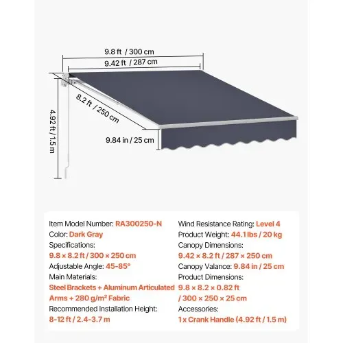 VEVOR Gelenkarmmarkise 3x2,5 m, Einziehbare Markise mit Handkurbel, Terrassenmarkise UPF 80+ Sonnenschutz, Sonnenmarkise, Balkonmarkise für Terrasse, Balkon, Garten & Fenster, Grau – Bild 6