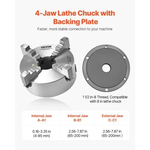 VEVOR 4-Backen-Drehfutter, φ200 mm, selbstzentrierendes Spannfutter mit 38,1-mm-8-Gewindeträgerplatte, 4-200 mm Spannbereich mit T-Schlüsselschrauben, HT300-Material, für Holz-Metall-Drehmaschinen – Bild 3