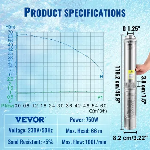 VEVOR 82 mm Tiefbrunnenpumpe 750W Brunnenpumpe 100L/min Tauchpumpe max. Förderhöhe 66m Rohrpumpe 230V 50Hz Sandpumpe IP68 Wasserpumpe 16 Laufradstufen Pumpe Ideal zur Bewässerung oder Wasser-Versorgung – Bild 6