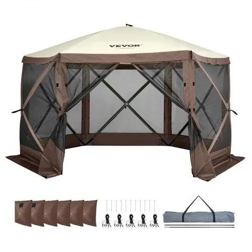 VEVOR Pop-Up-Pavillonzelt, Pop-Up-Zelt mit 6-seitigem Baldachin, Sonnenschutz mit 6 abnehmbaren Sichtschutz-Windtüchern und Netzfenstern, 3,5 x 3,5 m, Schnellaufbau-Zelt mit Moskitonetz, braun – Bild 8
