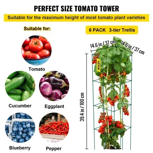 VEVOR Tomatenkäfige, 37 x 37 x 100 cm, 6er-Set quadratische Pflanzenstützkäfige, robuste, grüne Tomatentürme aus PVC-beschichtetem Stahl zum Klettern von Gemüse, Pflanzen, Blumen und Früchten – Bild 2